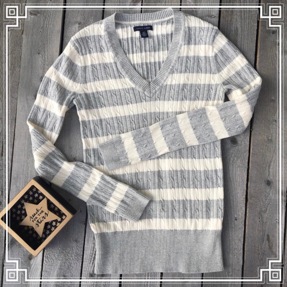 Tommy Hilfiger Striped V-Neck Cable Sweater